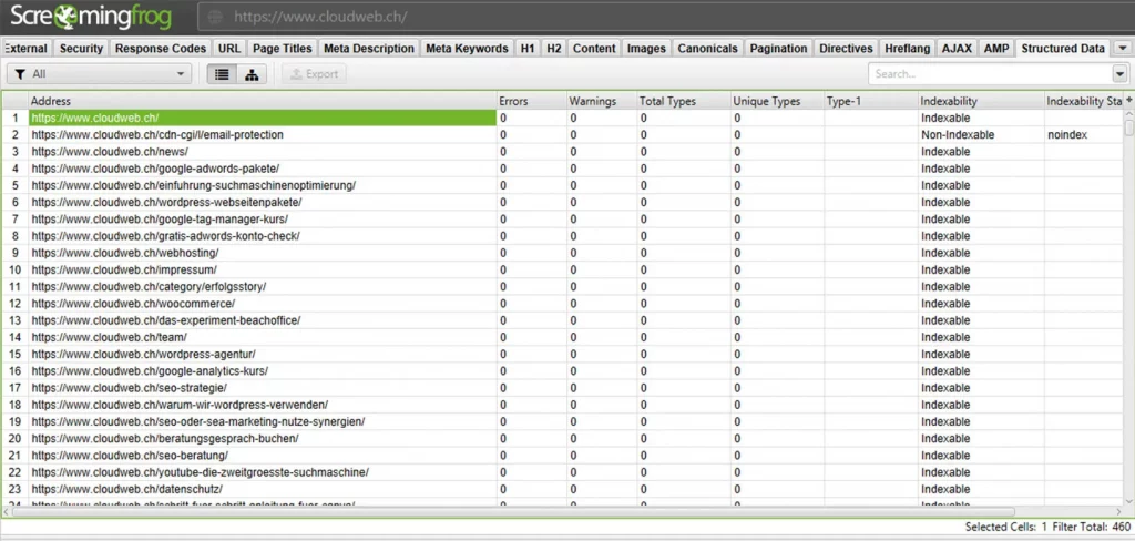 Prüfe die Webseite mit Screamingfrog