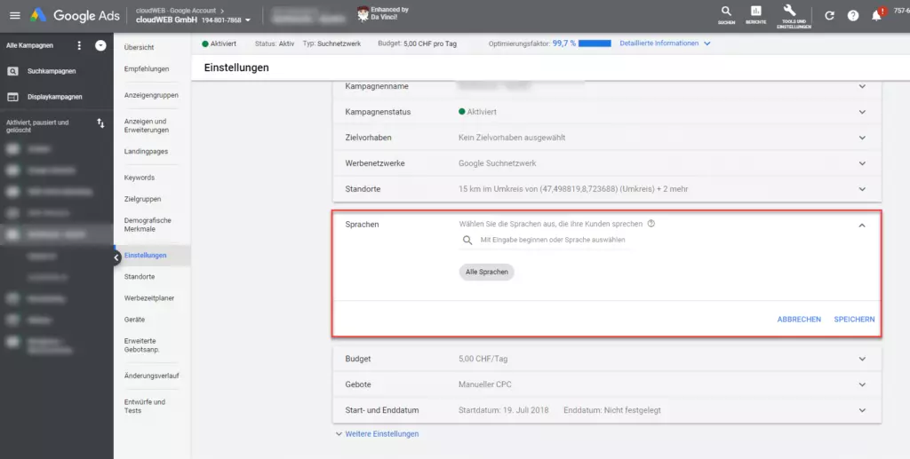 Übersicht der Spracheinstellungen