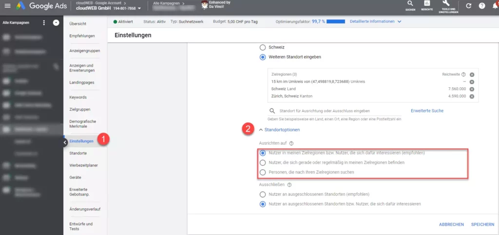 Übersicht der Standortoptionen