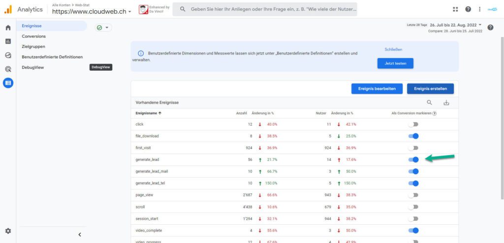 Ereignisse als Conversion markieren in GA4