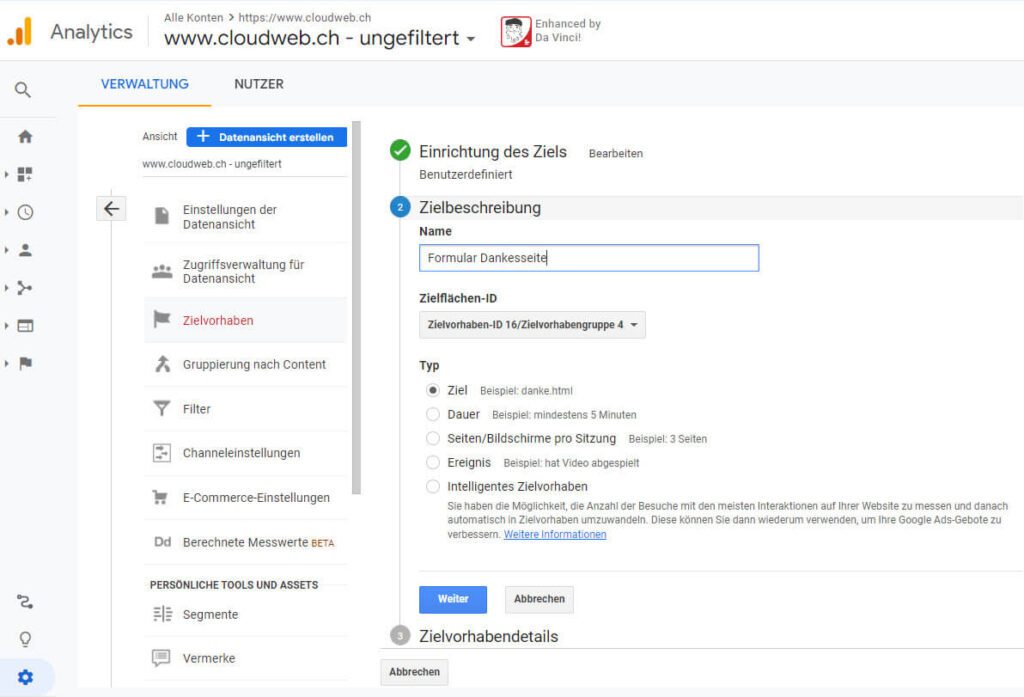 Zielvorhaben in Universal Analytics
