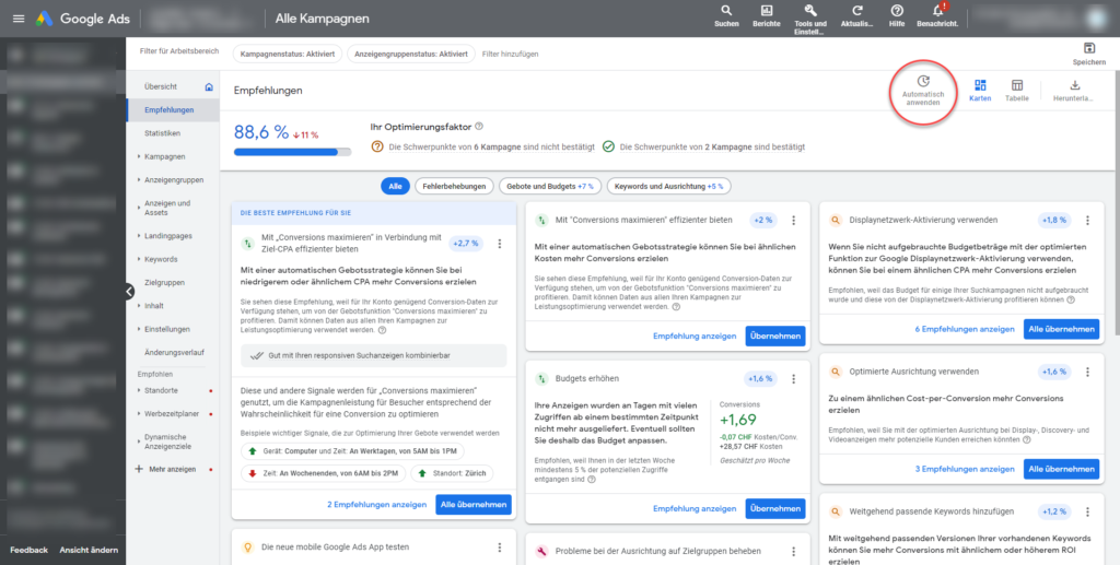 google ads empfehlungen automatisch anwenden