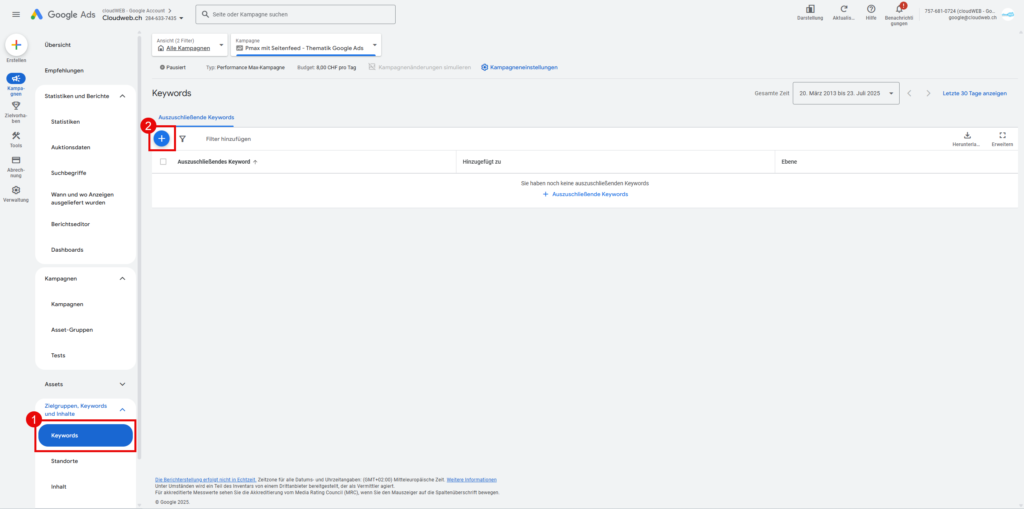 Ausschlussliste hinterlegen bei performance max kampagnen