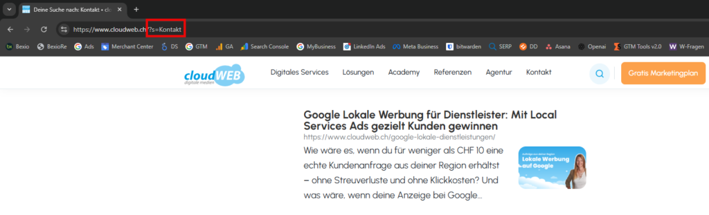 nach Eingabe des Suchbegriffs, siehst du in der URL den Suchparameter, in unserem Fall lautet dieser s