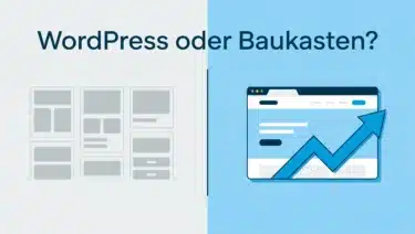 WordPress oder Baukasten Vergleich fuer Schweizer KMU: links graues Baukasten-Template-Raster, rechts professionelle WordPress-Website mit Wachstumspfeil