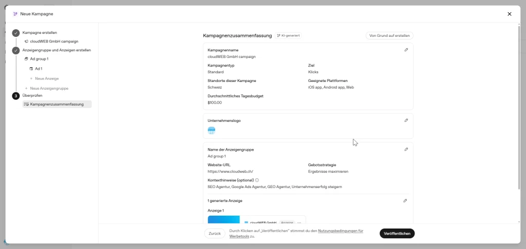 Kampagnenzusammenfassung im ChatGPT Ads Manager