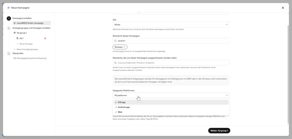 Diese Plattformen können im Ads Manager von ChatGPT ausgewählt werden