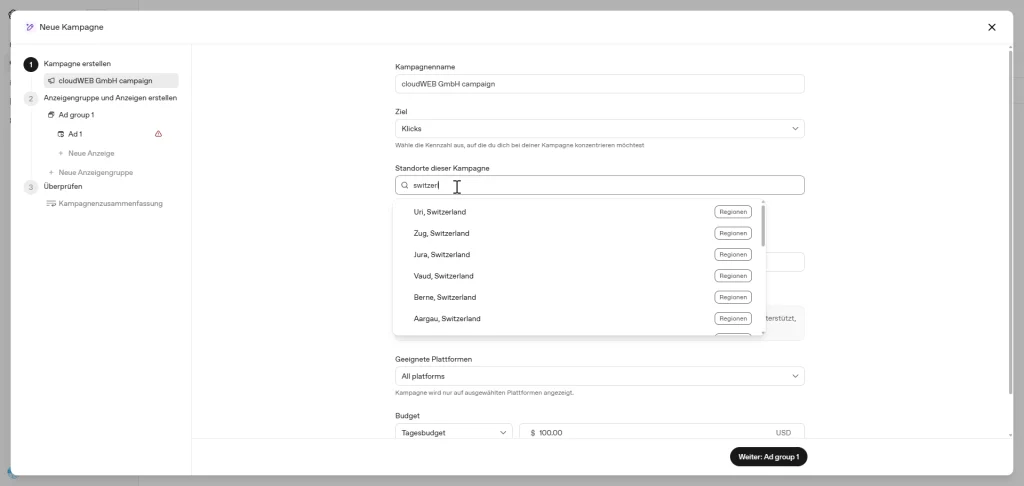 Schweizer Kantone können ausgewählt werden im ChatGPT Ads Manager